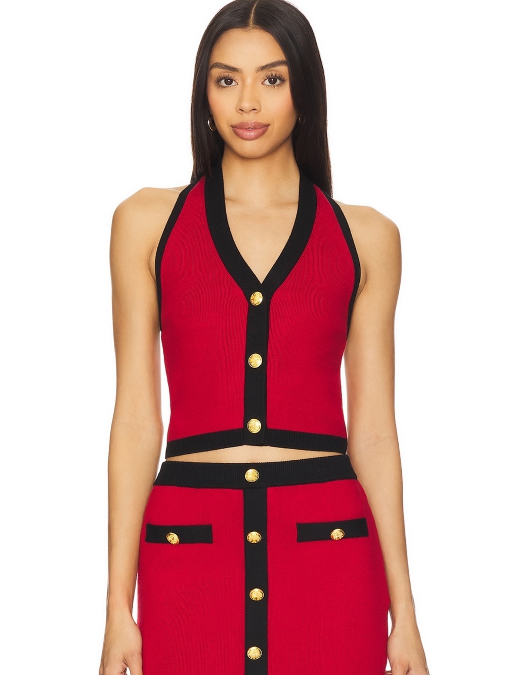 MAJORELLE Red and Black Halter Crop Top with Gold Buttons
